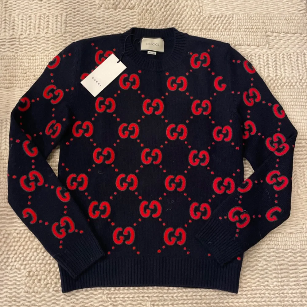 Gucci Navy Crewneck Sweater with Red Logo and Animal Patch
